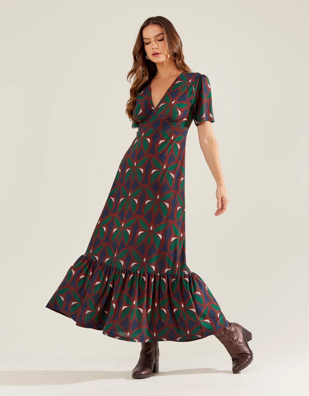 Vestido Longo Estampado Vitral - Azul Marinho