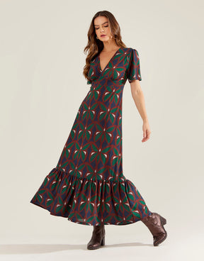 Vestido Longo Estampado Vitral - Azul Marinho