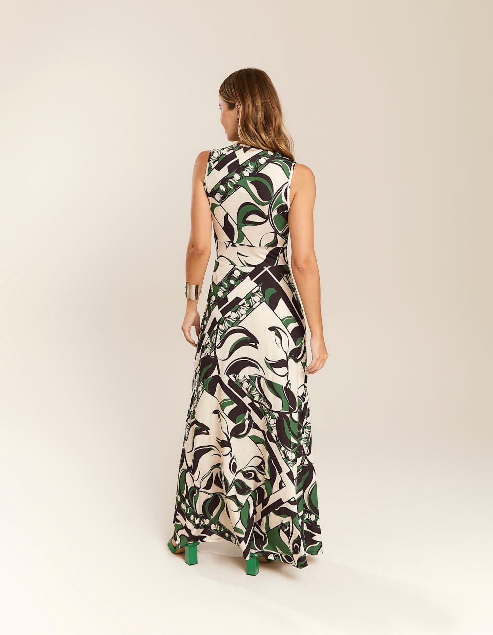Vestido Longo Estampado Lenço Folhas - Off White