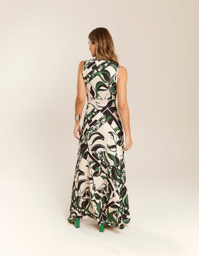 Vestido Longo Estampado Lenço Folhas - Off White