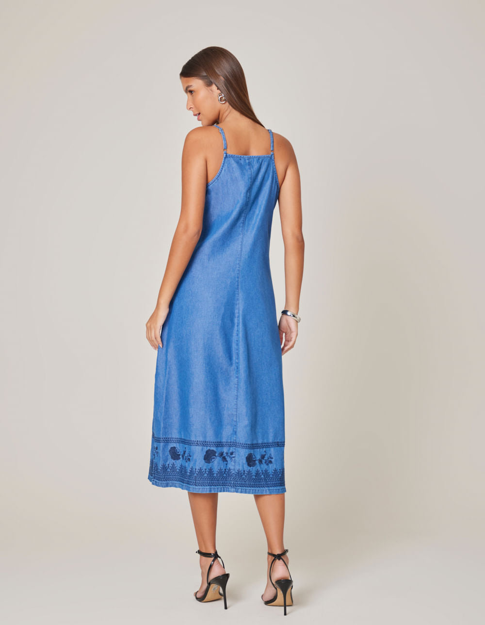 Vestido Jeans Midi Bordado - Denim Medio