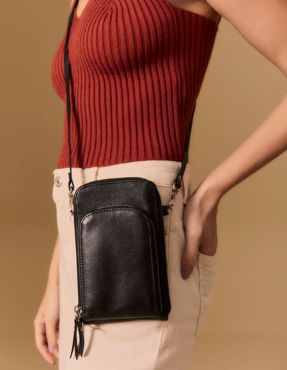 Bolsa Couro Pequena Com Ziper - Preto