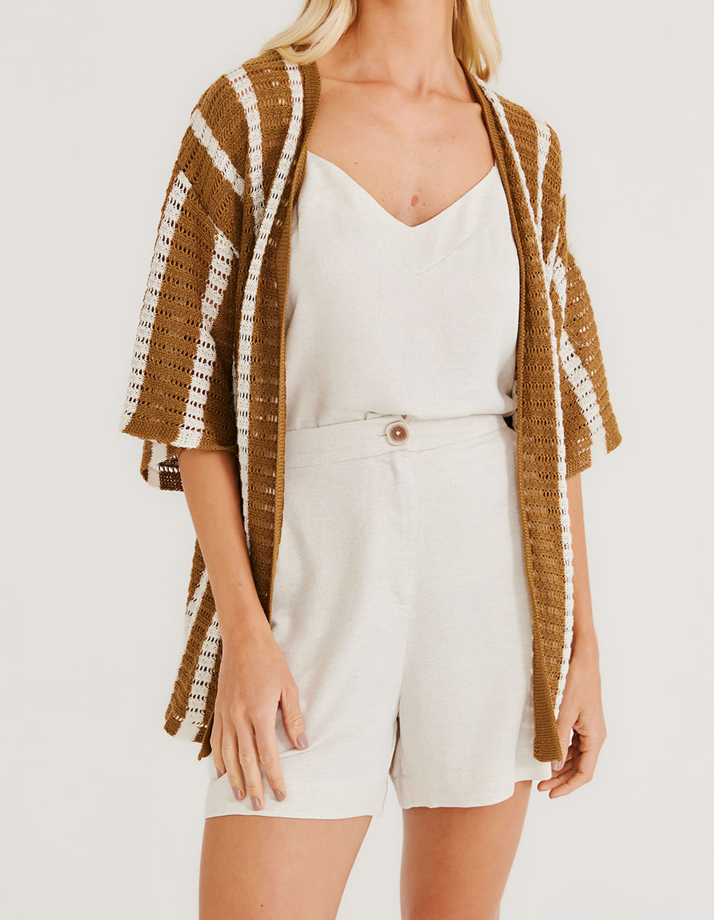 Kimono Tricot Listras Verticais - Camel