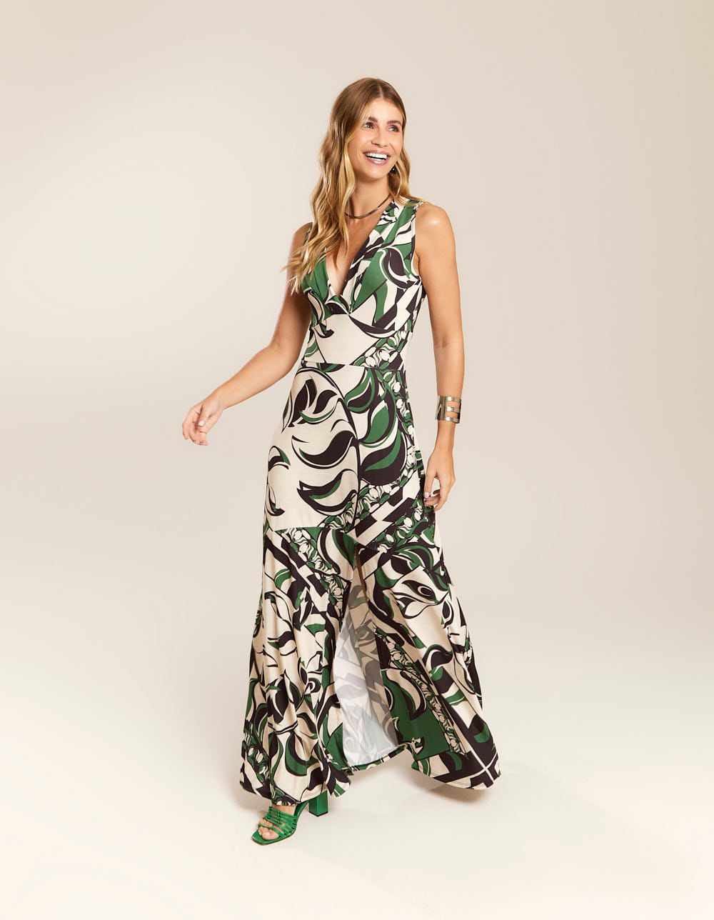 Vestido Longo Estampado Lenço Folhas - Off White