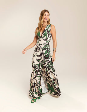 Vestido Longo Estampado Lenço Folhas - Off White