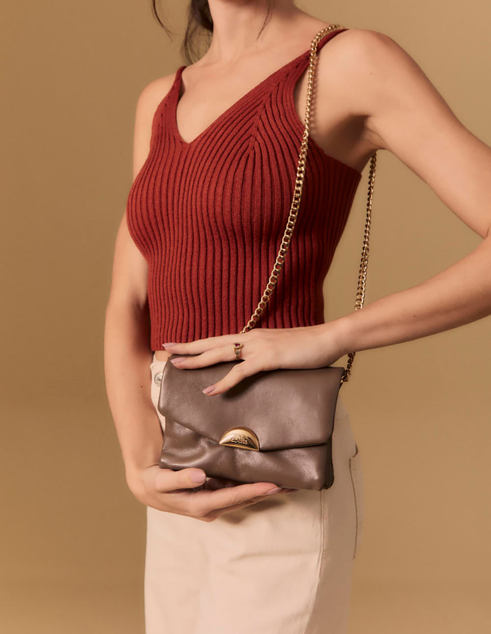 Bolsa Couro Fecho Metal Pequena - Cinza