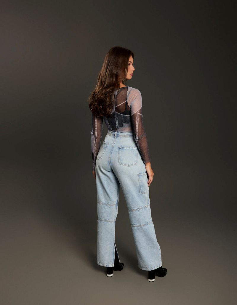 Calça Cargo Jeans Fenda - Denim Medio
