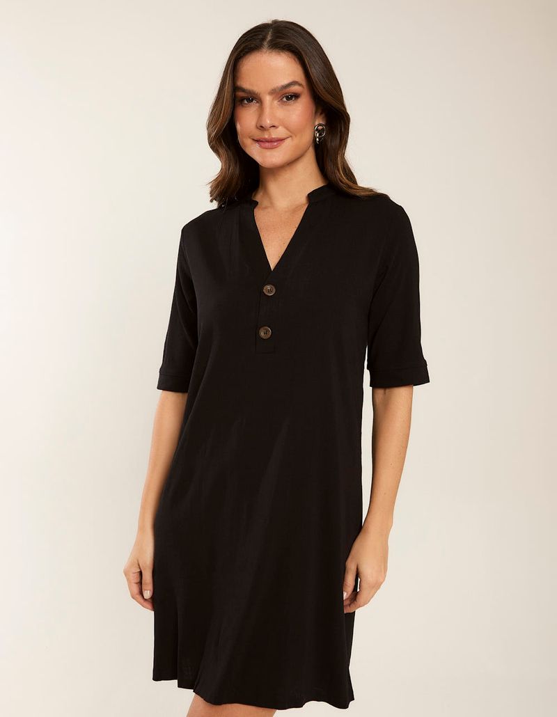 Vestido Curto Botões Frente - Preto
