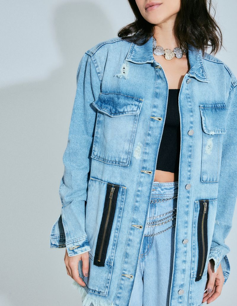 Jaqueta Jeans Oversized Ziper - Denim Medio