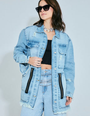 Jaqueta Jeans Oversized Ziper - Denim Medio