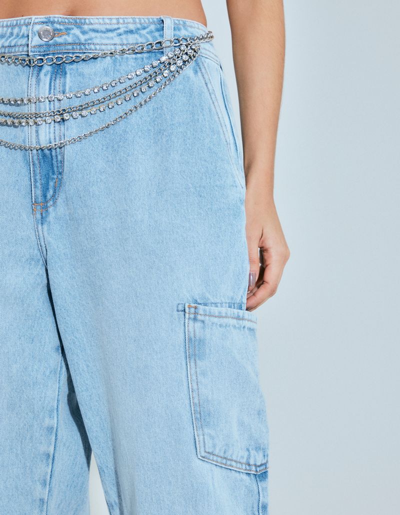 Calça Cargo Jeans Fenda - Denim Medio
