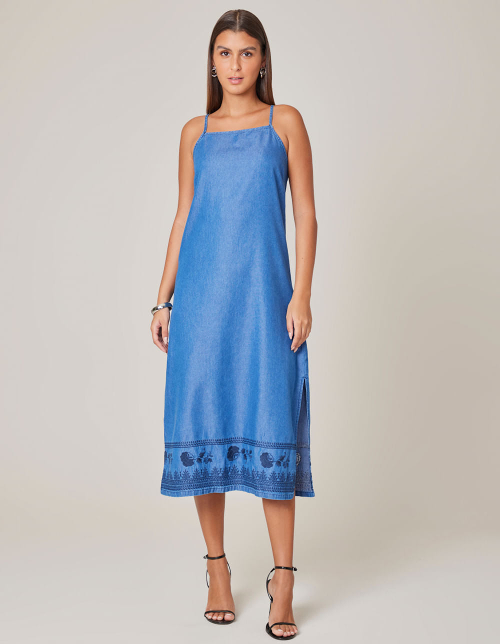 Vestido Jeans Midi Bordado - Denim Medio