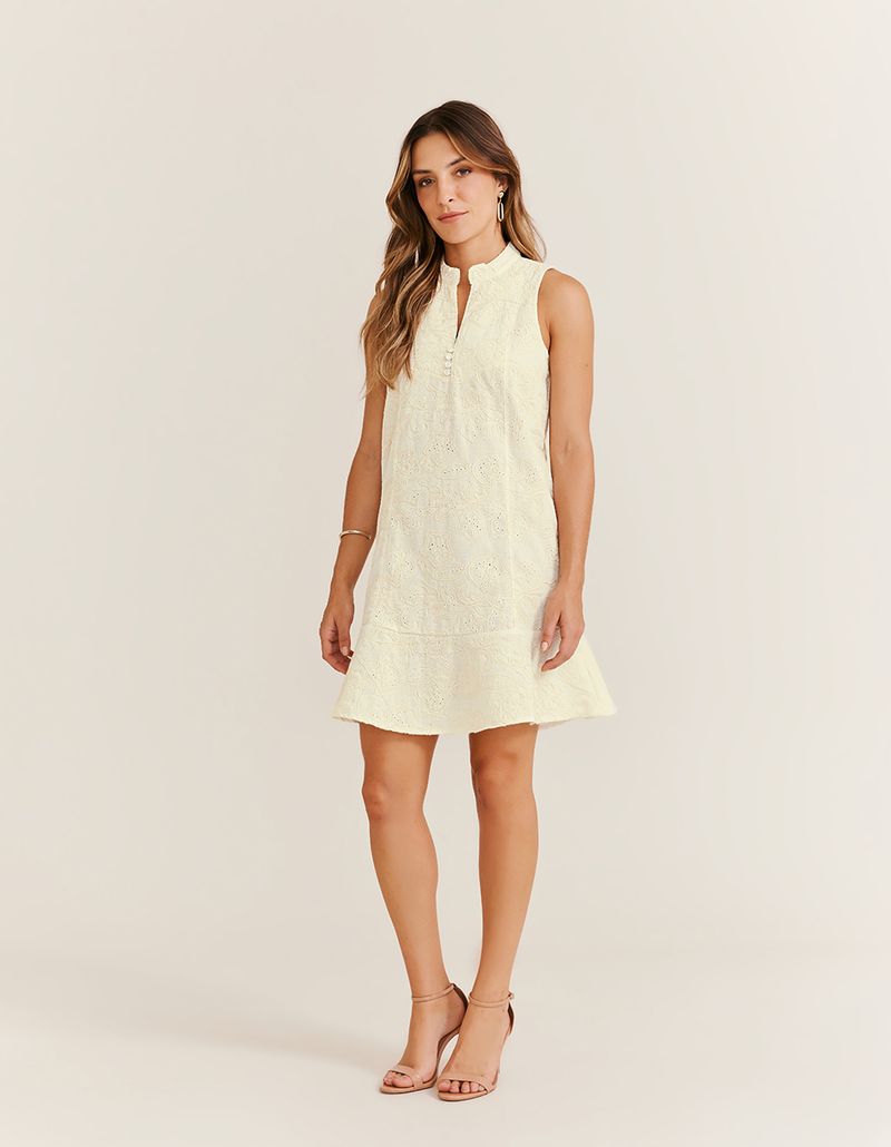 Vestido Curto Linho Bordado - Areia