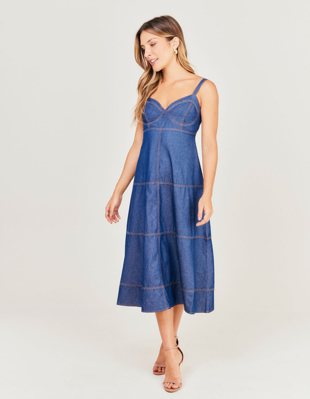 Vestido Liocel Pesponto Recortes - Denim Escuro