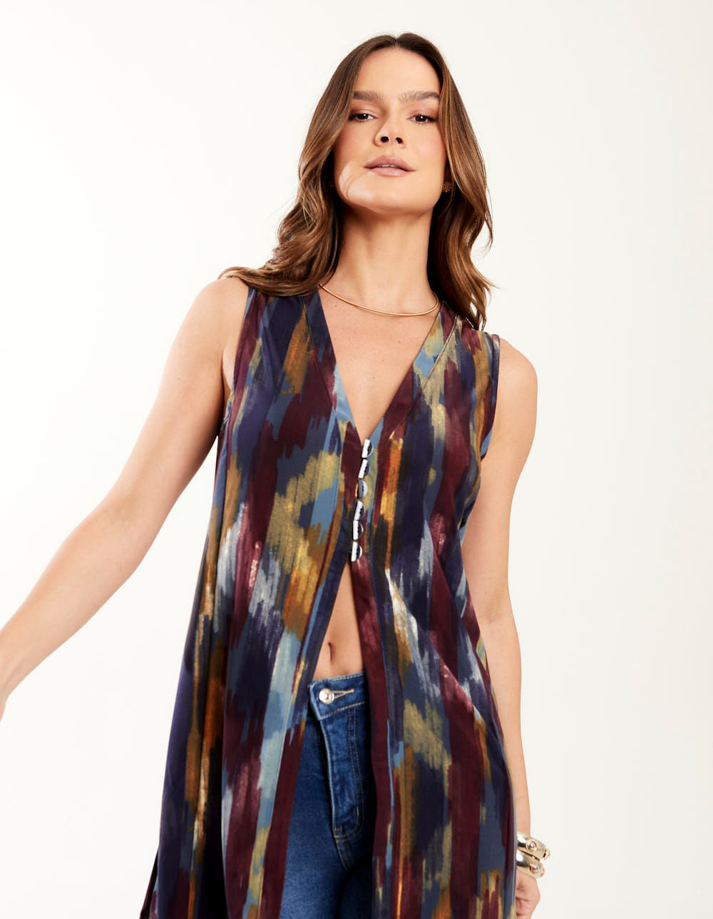 Túnica Alongada Estampada New Ikat - Azul Marinho