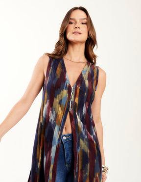 Túnica Alongada Estampada New Ikat - Azul Marinho