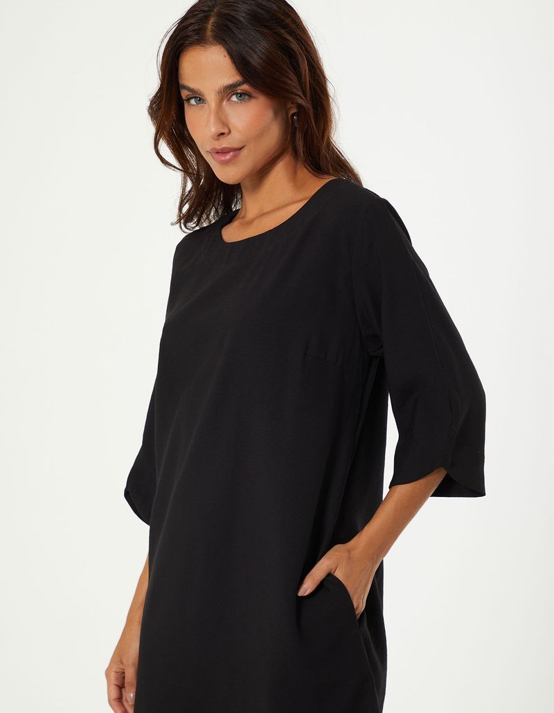 Vestido Curto Manga Moldura - Preto