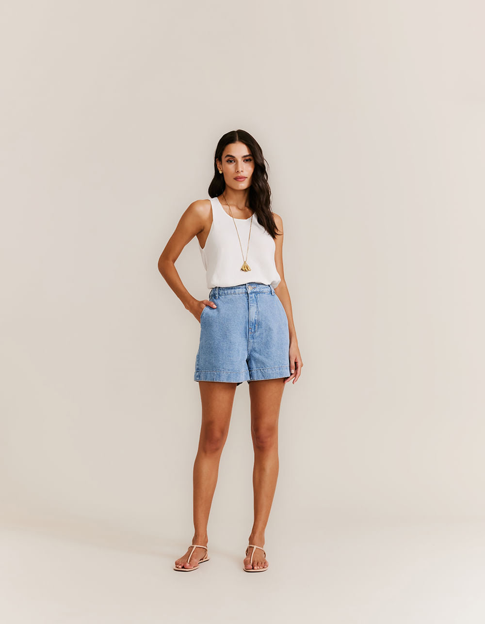 Short Jeans Bainha Larga - Denim Medio