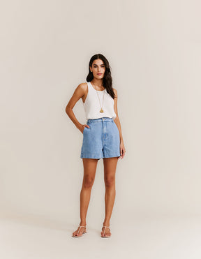 Short Jeans Bainha Larga - Denim Medio