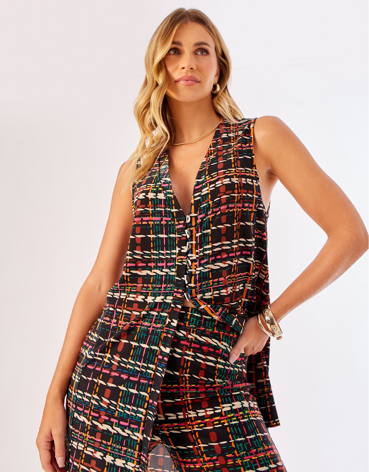 Túnica Alongada Estampada Tweed - Preto