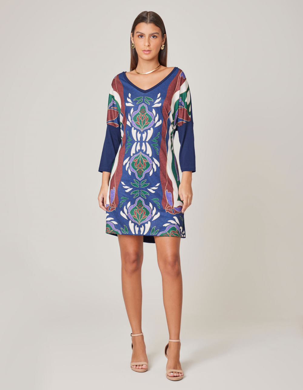 Vestido Caixinha Estampado Lenço Laila - Azul Marinho