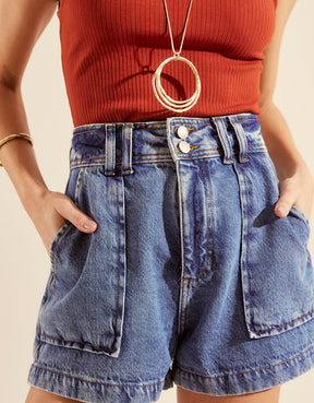 Short Jeans Bolsos Frontais - Denim Medio