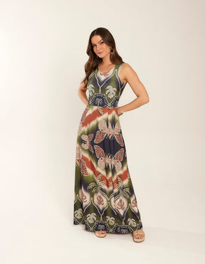 Vestido Longo Estampado Tie Dye Fly - Verde Oliva