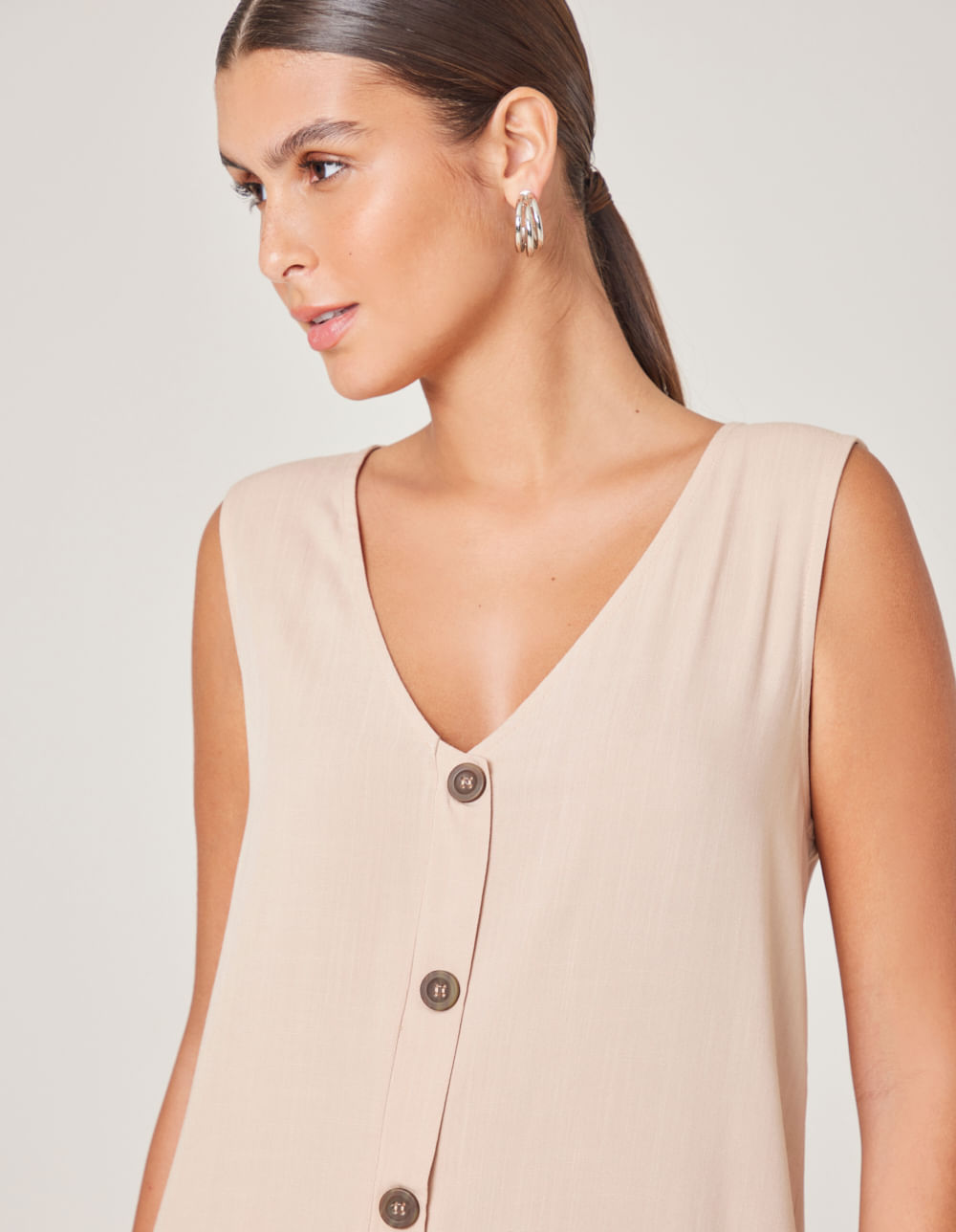 Vestido Sem Manga Detalhe Botões - Areia