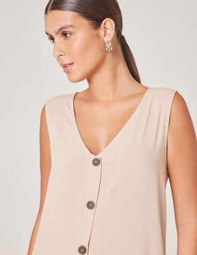 Vestido Sem Manga Detalhe Botões - Areia