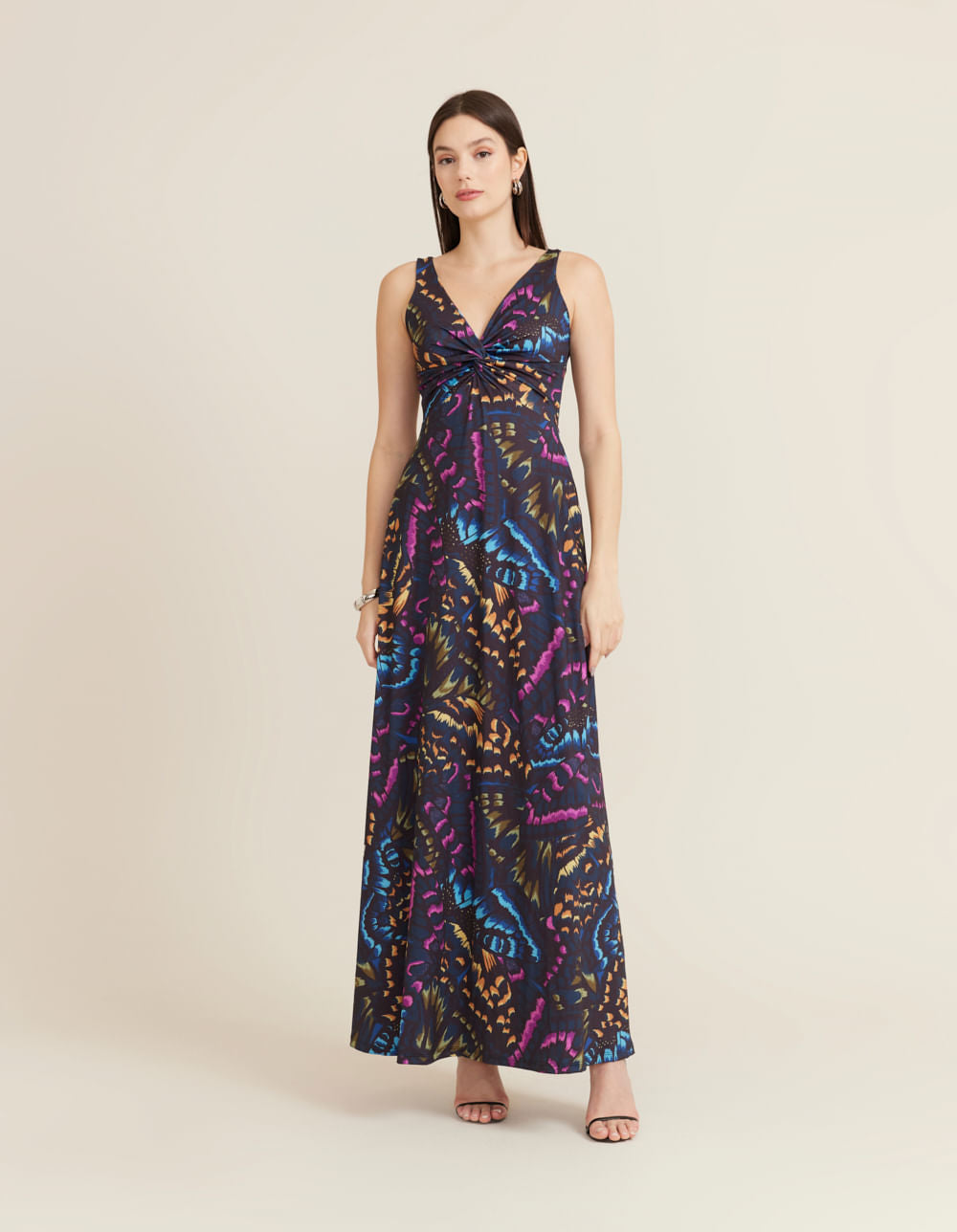 Vestido Longo Estampado Mayara - Azul Marinho
