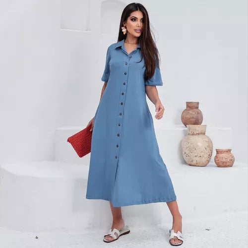 Vestido Chemise Gola Botões Estiloso Moda Evangelica Moderna