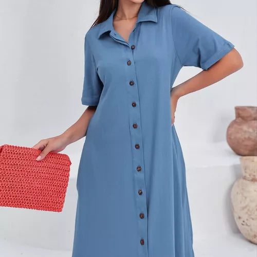 Vestido Chemise Gola Botões Estiloso Moda Evangelica Moderna