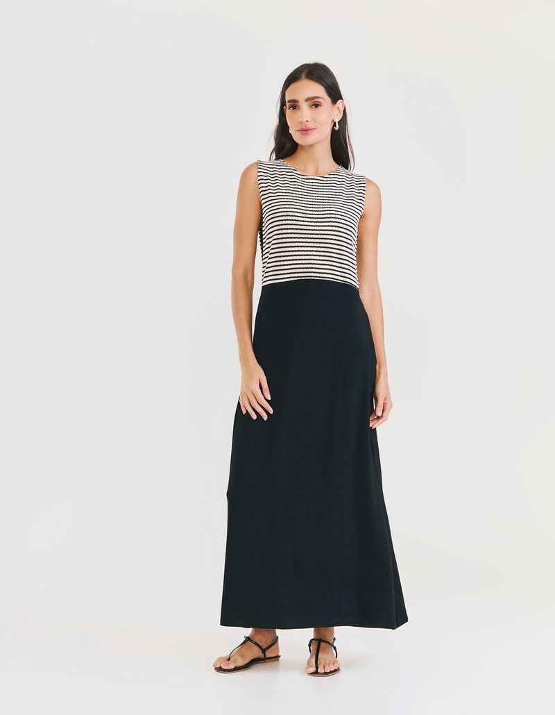 Vestido Stripe Decote Longo - Preto