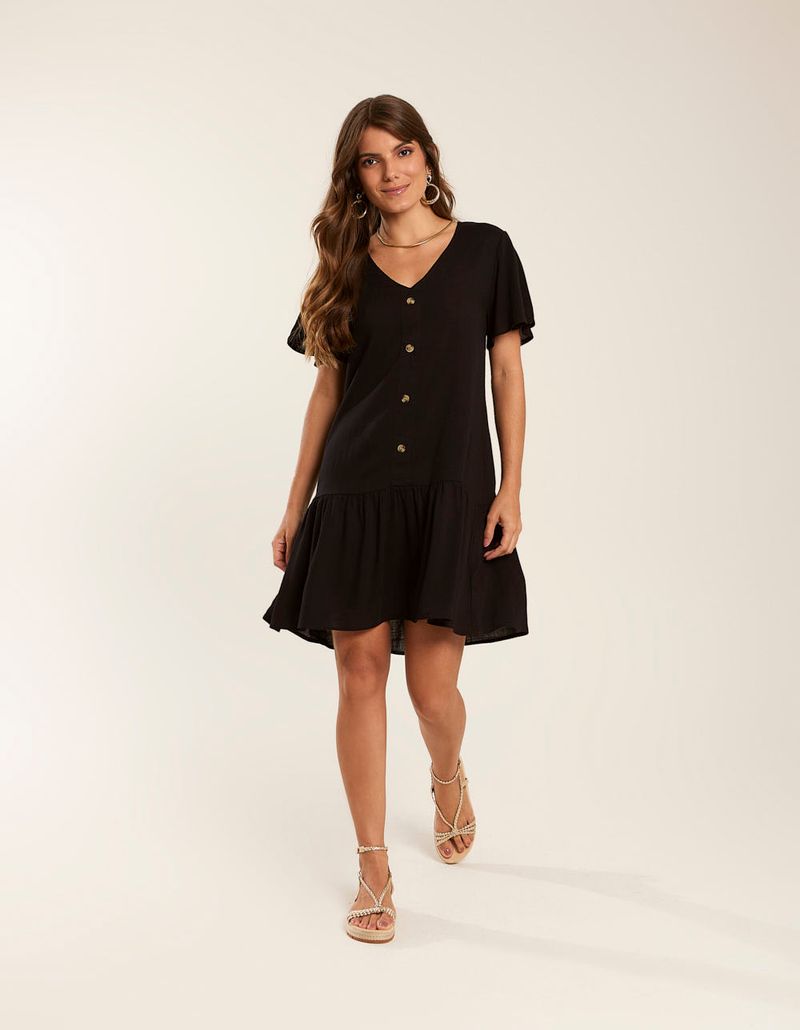 Vestido Curto Botões Marias - Preto