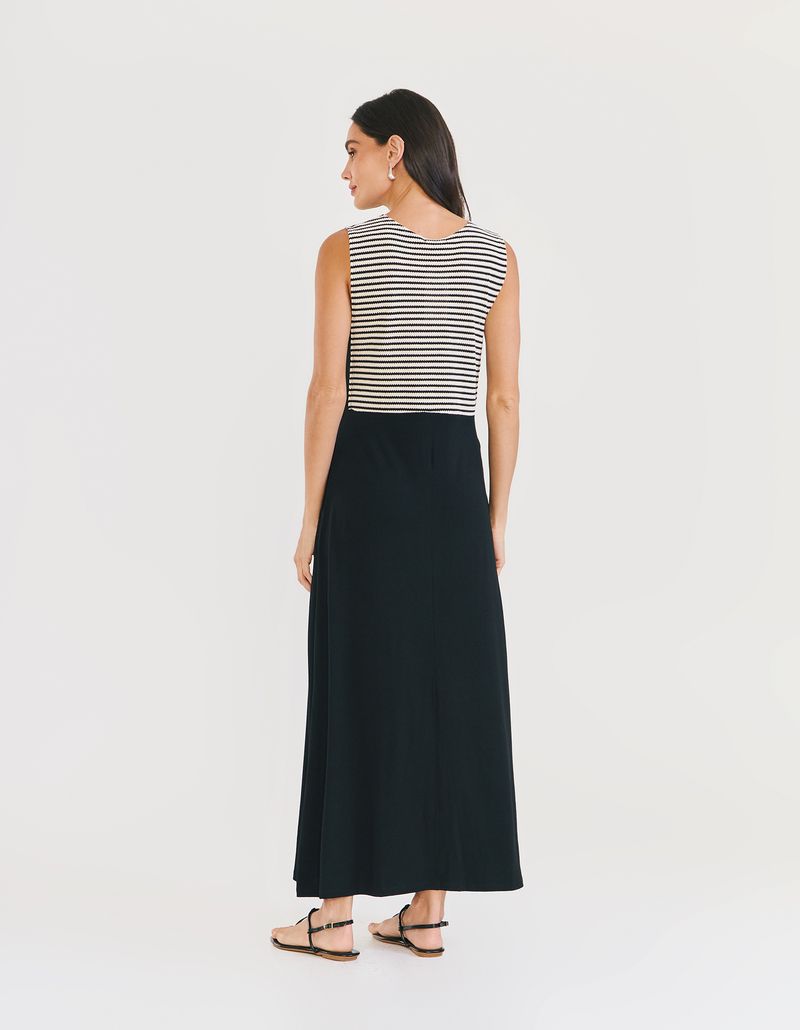 Vestido Stripe Decote Longo - Preto