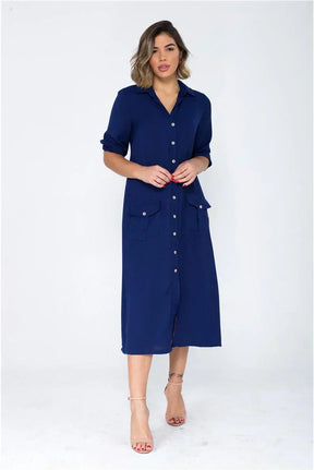 Vestido Chemise  Midi Botões Azul-Marinho