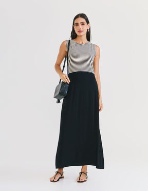 Vestido Stripe Decote Longo - Preto