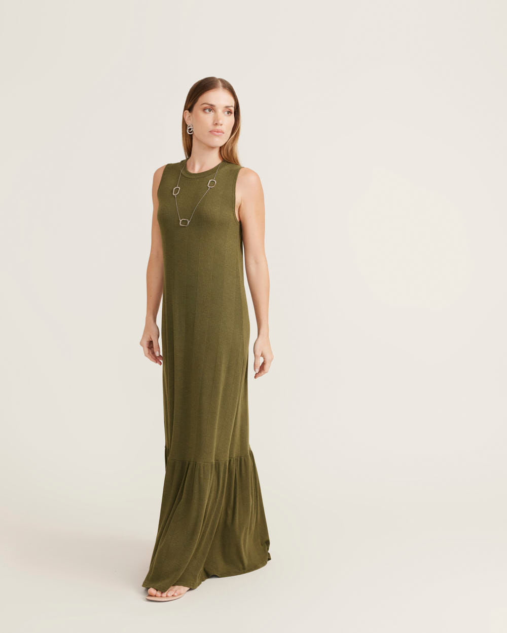 Vestido Longo Marias Decote Canoa - Verde Oliva