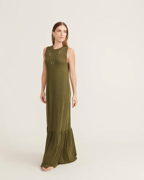 Vestido Longo Marias Decote Canoa - Verde Oliva