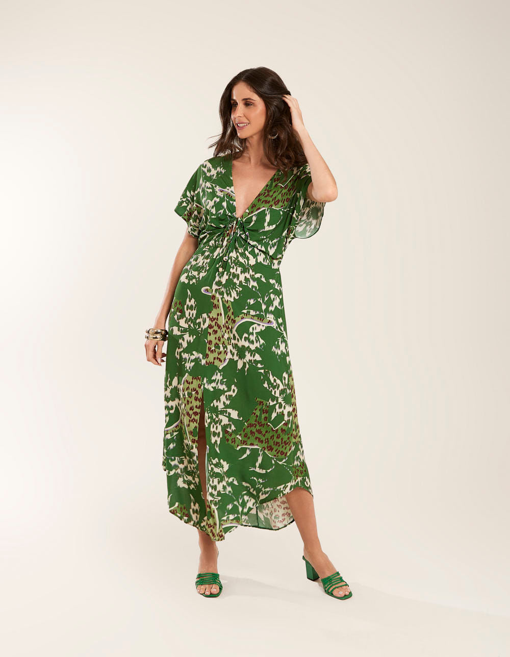 Vestido Midi Fenda Estampado Adriele - Verde