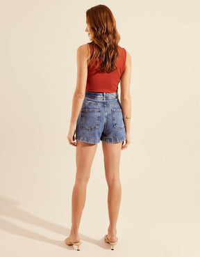 Short Jeans Bolsos Frontais - Denim Medio