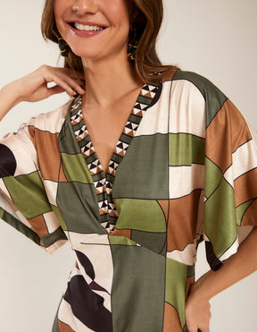 Vestido Curto Estampado Milene Barrado - Areia