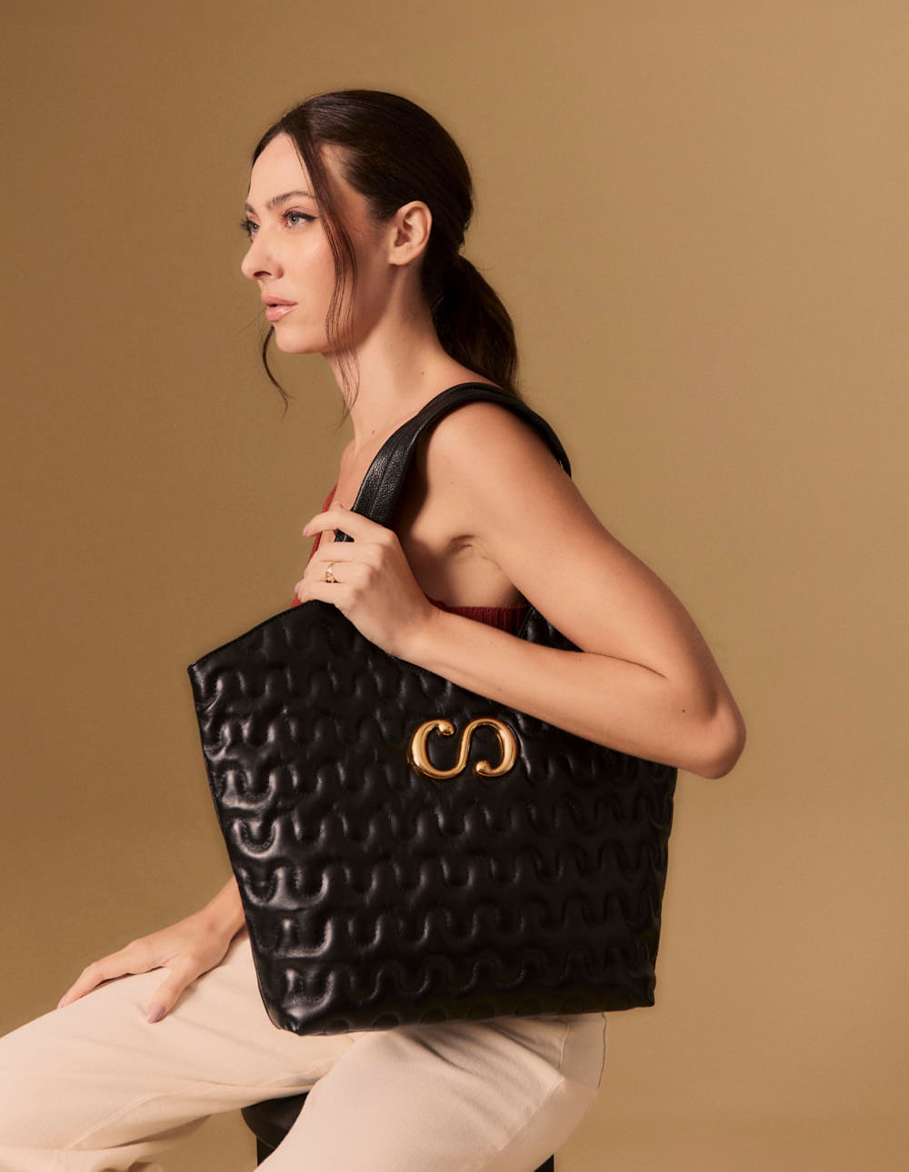 Bolsa Couro Shopping Bag Ondas - Preto