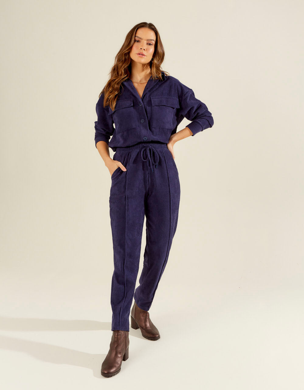 Calça Canelada Atoalhada Reta - Azul Marinho