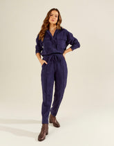 Calça Canelada Atoalhada Reta - Azul Marinho