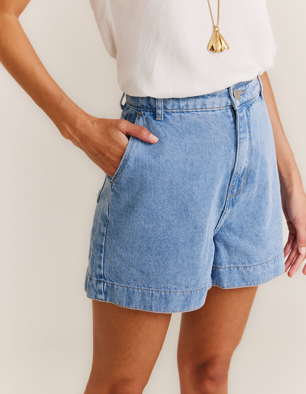 Short Jeans Bainha Larga - Denim Medio