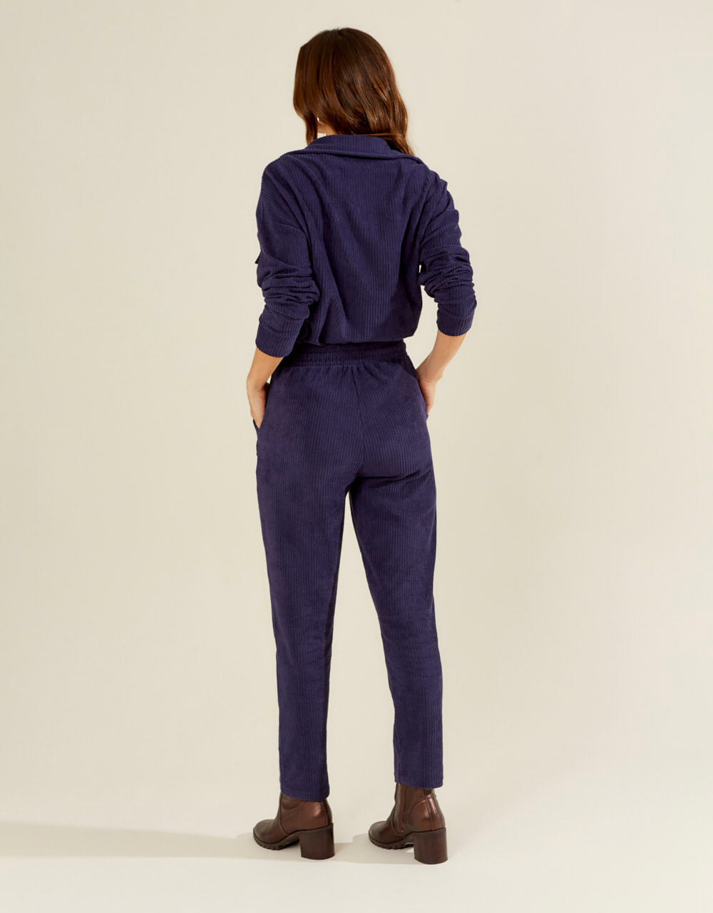 Calça Canelada Atoalhada Reta - Azul Marinho