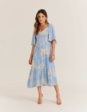 Vestido Midi Estampado Tropical Ice - Azul