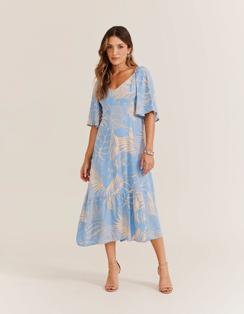 Vestido Midi Estampado Tropical Ice - Azul