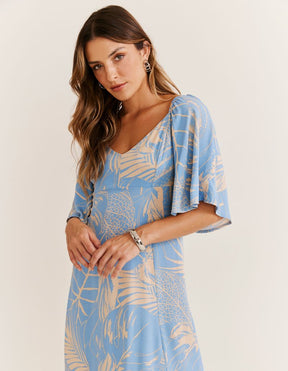 Vestido Midi Estampado Tropical Ice - Azul